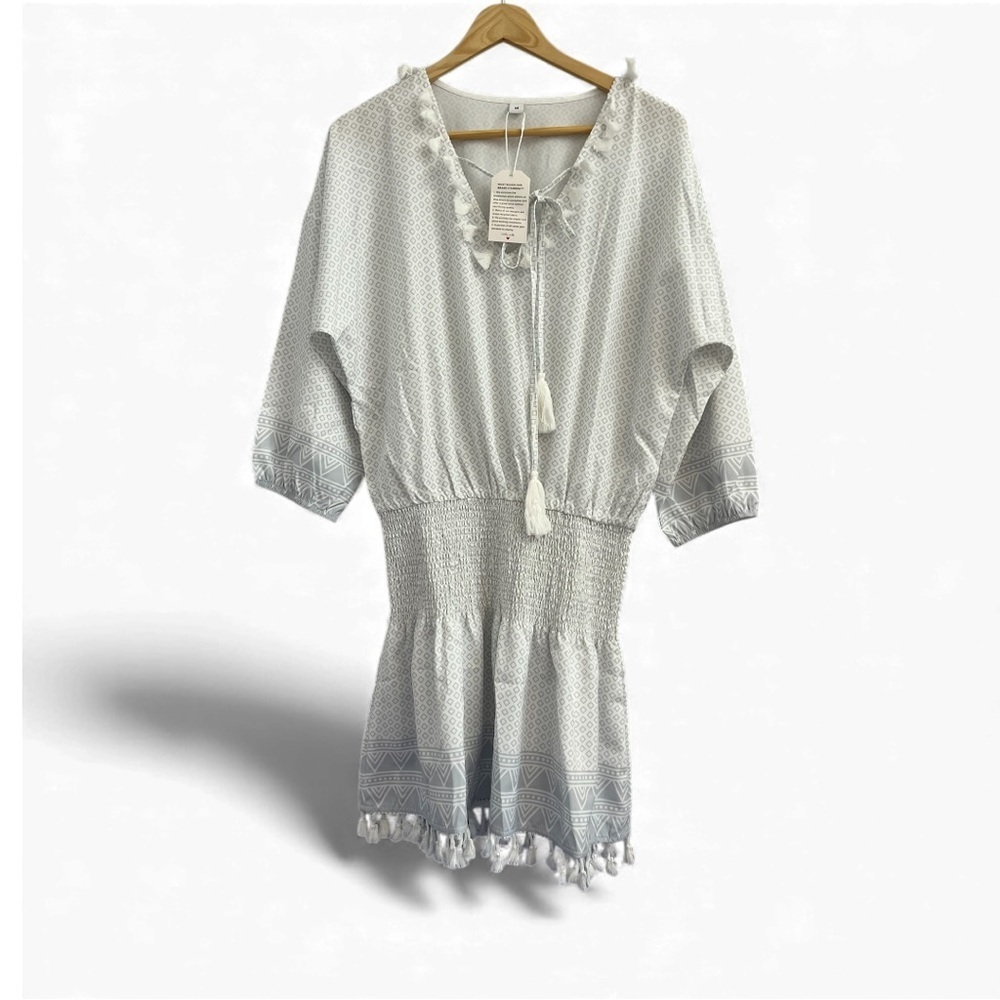Grey & White Mosaic With Tassels Beach Cover-up - Picture 1 of 5